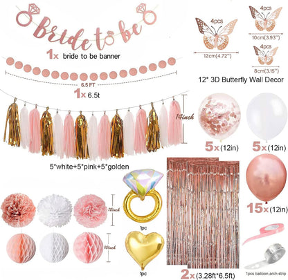 SHYDUCK Rose Gold Bridal Shower Decoration in Clearance, Bachelorette Party Decor with Bride To Be Banner, 3D Butterfly Wall Decor, Balloons, Fringe Curtain & Balloon Arch Strip (Pink)