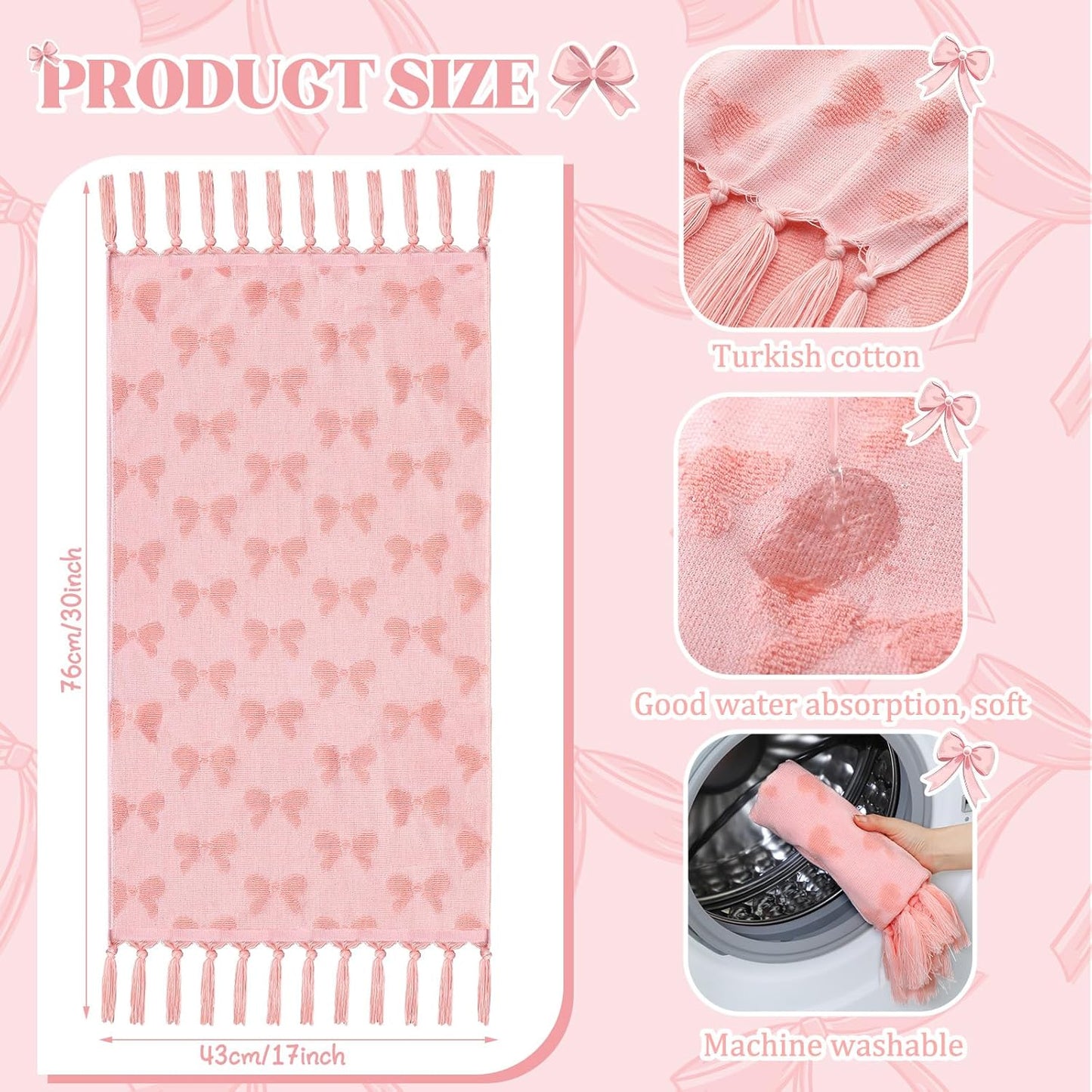Fanfanwin Set of 3 Pink Bow Hand Towels Coquette Hand Towels for Bathroom 30 x 17 Inch Pink Bowknot Gifts Turkish Tufted Cotton Soft Absorbent Supplies for Kitchen Bathroom Women Girls
