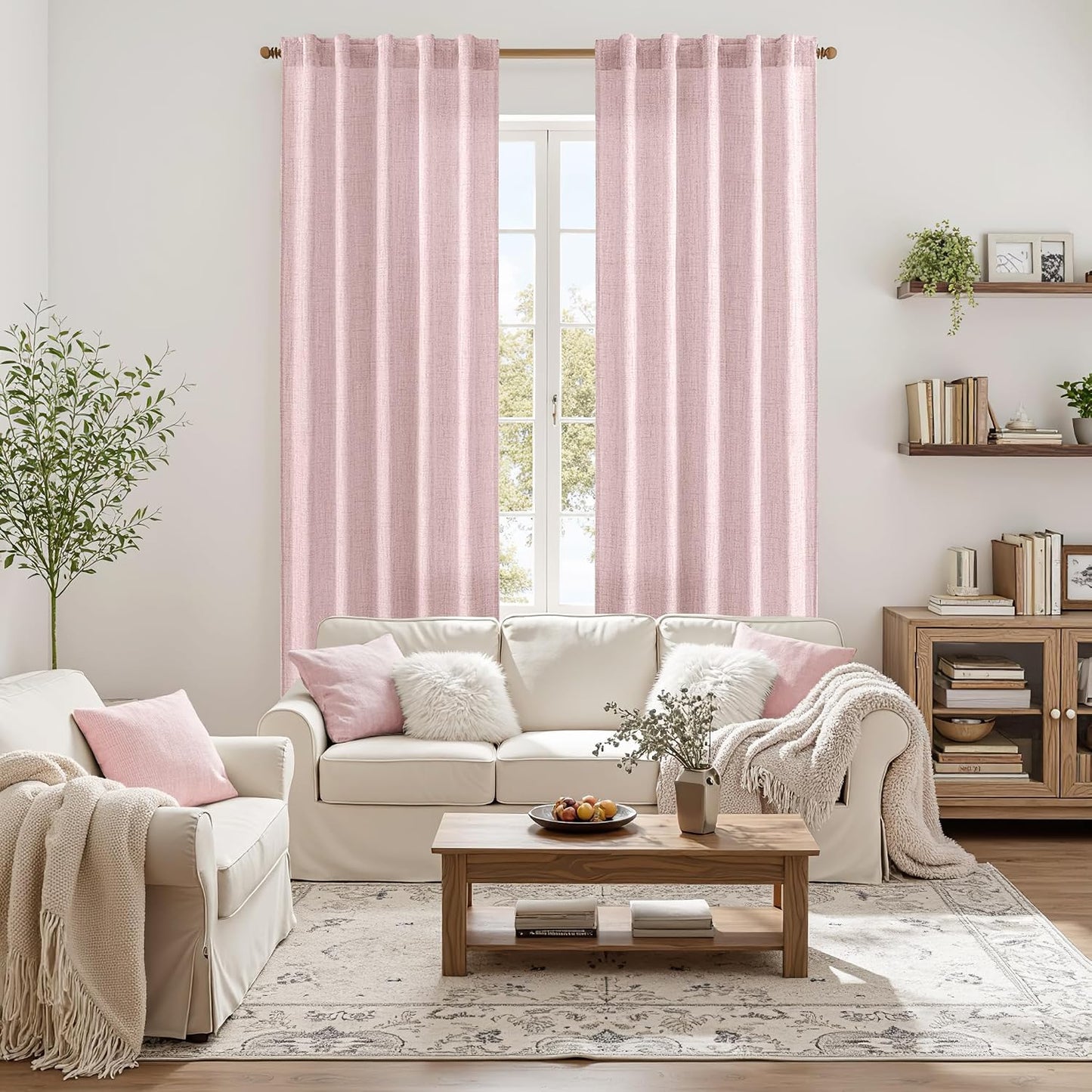 MIULEE Faux Linen Curtains 84 Inch Length 2 Panels Natural Light Pink Semi Sheer Curtain with Back Tab Rod Pocket, Light Filtering Window Privacy Burlap Drapes for Living Room Bedroom 42W x 84L