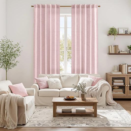 MIULEE Faux Linen Curtains 84 Inch Length 2 Panels Natural Light Pink Semi Sheer Curtain with Back Tab Rod Pocket, Light Filtering Window Privacy Burlap Drapes for Living Room Bedroom 42W x 84L