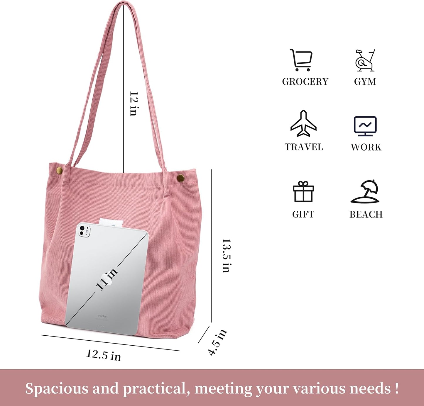 TOPASION Cute Corduroy Tote Bag Canvas Shoulder Handbags for Women Travel Shopping