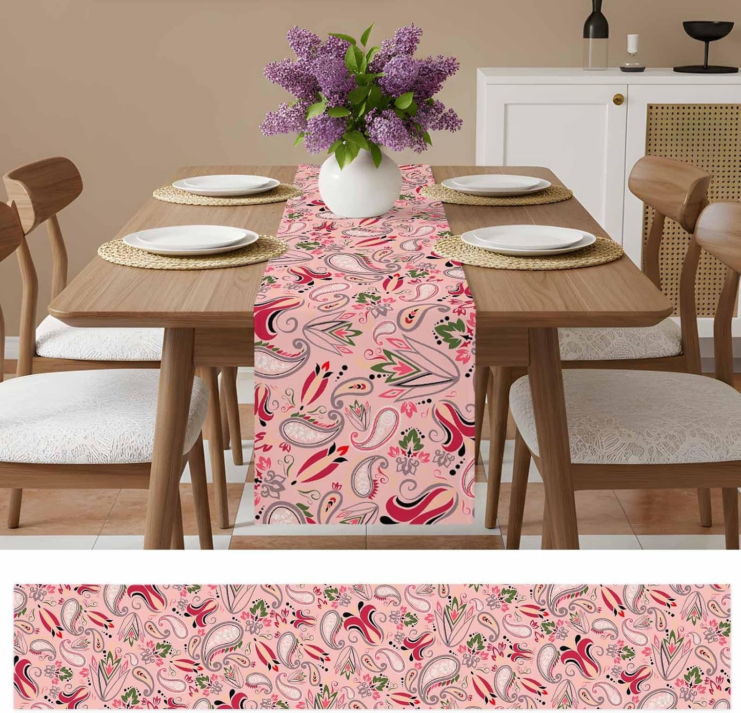 Vintage Baroque Style Floral Table Runners 13x72 Inches Long Linen Burlap Table Runner, Abstract Pink Paisley Flowers Tablerunners Dresser Scarf for Kitchen Dining Holiday Party Wedding Gathering