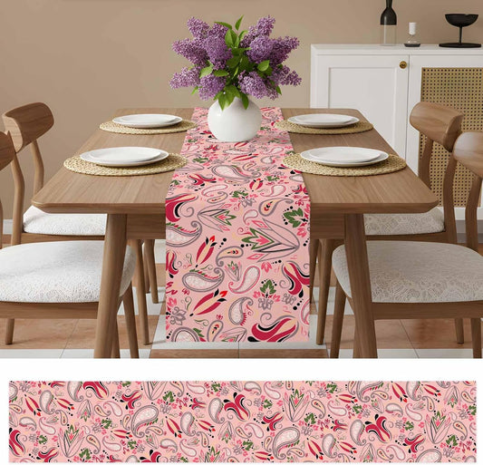 Vintage Baroque Style Floral Table Runners 13x72 Inches Long Linen Burlap Table Runner, Abstract Pink Paisley Flowers Tablerunners Dresser Scarf for Kitchen Dining Holiday Party Wedding Gathering