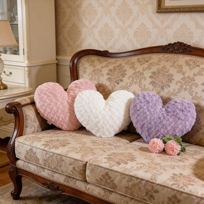 16" Blush Pink Heart Pillow, Luxury 600GSM Rose Textured Faux Rabbit Fur, Super Matte Aesthetic Decorative Throw Pillow for Couch Bed Sofa, Romantic Home Decor Heart Cushion