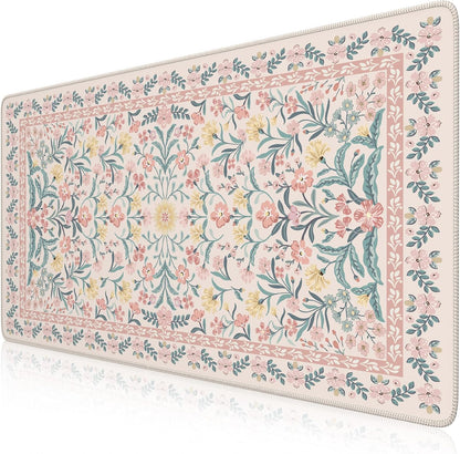 iCasso Pink Floral Desk Mat, Desk Pad, XXL Large Mouse Pad, Anti-Slip Big Mousepad with Stitched Edges, Computer Mouse Pads for Desktop Decor, Cute Office Desk Accessories for Women(Pink)
