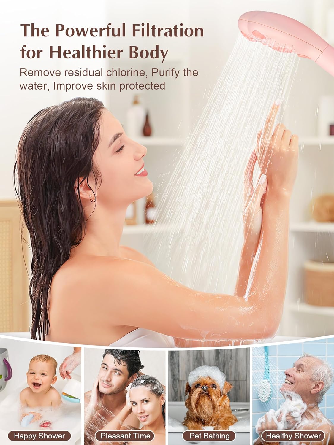 Filtered Shower Head with Handheld,Cute High Pressure 3 Spray Mode Showerhead with Filters Hard Water - Removes Chlorine 60" Hose(Pink)