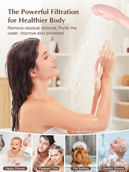 Filtered Shower Head with Handheld,Cute High Pressure 3 Spray Mode Showerhead with Filters Hard Water - Removes Chlorine 60" Hose(Pink)