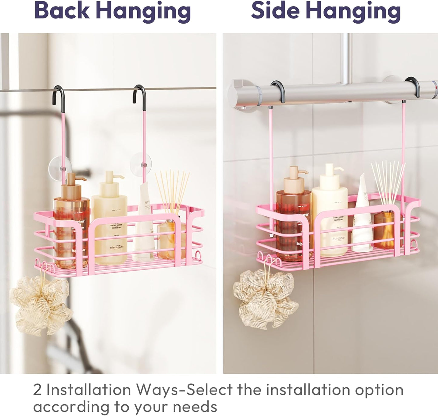 SWTYMIKI Shower Caddy Hanging Organizer - Over the Door Shower Caddy with 6 Hooks, 2 Installation Ways, Stainless Steel Rustproof Bathroom Organizer, Pink Small