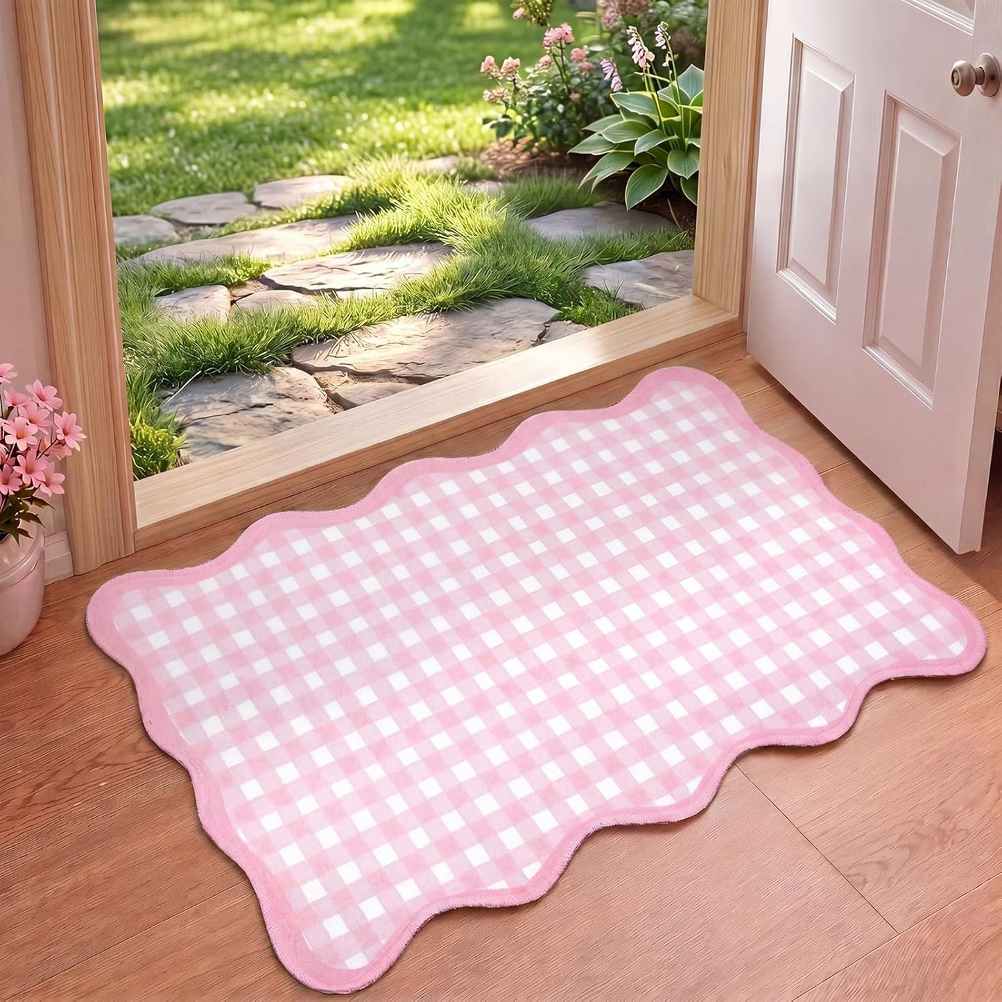 Breling Pink and White Scalloped Plaid Entryway Rug 16.5 x 27.5 Buffalo Checkered Indoor Mat Washable Non-Slip Gingham Door Rug for Entryway Entrance Bedroom Kitchen Living Room Decor