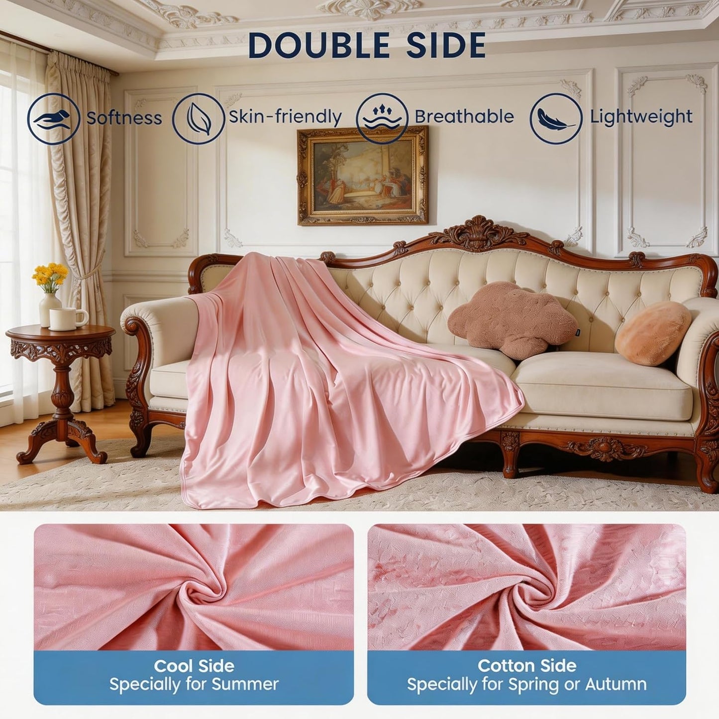 Cooling Blanket for Hot Sleepers, Summer Cold Throw for Hot Flashes or Night Sweats, Q-Max>0.4 Cool Fiber for Bed Couch, Lightweight, Comfort, Double Side, Queen Size, 79x86 in, Pink