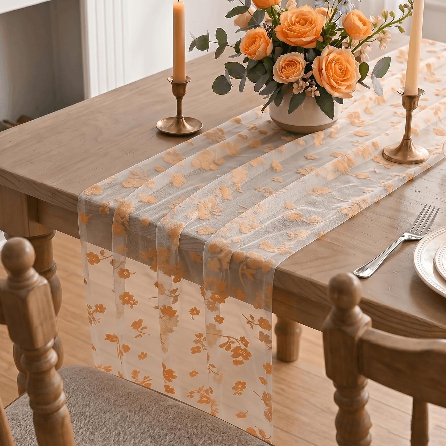 Artoid Mode Pink Gauze Flocking Flowers Table Runner 10FT, Spring Sheer Dining Table Decor for Wedding Anniversary Holiday Birthday Home Party