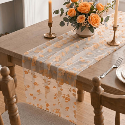 Artoid Mode Pink Gauze Flocking Flowers Table Runner 10FT, Spring Sheer Dining Table Decor for Wedding Anniversary Holiday Birthday Home Party