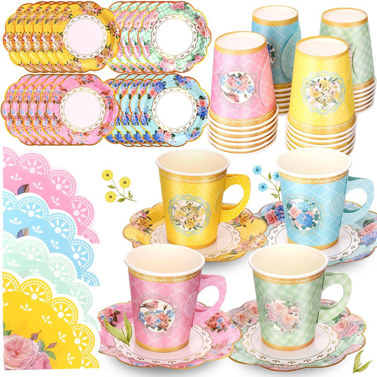 72 Pcs Paper Floral Disposable Tea Cups Saucer Set, 9 OZ Vintage Tea Cups and Plates with Tea Party Napkins for Birthday Baby Shower Bridal Wedding Afternoon Tea Party Decorations Supplies