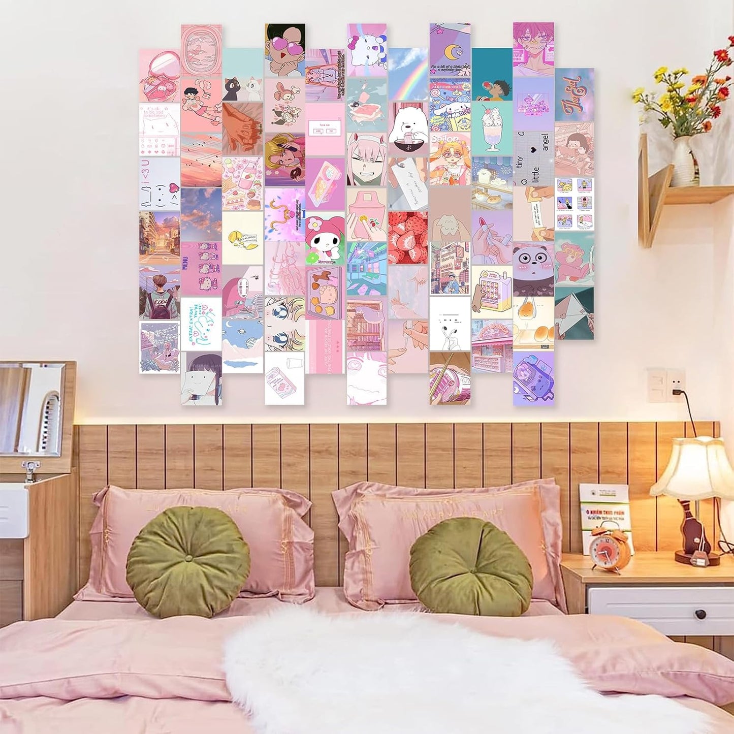 KBKBART Anime Aesthetic Wall Collage Kit, 70pcs Kawaii Room Decor, Pink Cartoon Assembled Print Card Set, Anime Photo Wall Collage Posters for Room Aesthetic, Cute Danish Pastel Wall Art 4x6 for