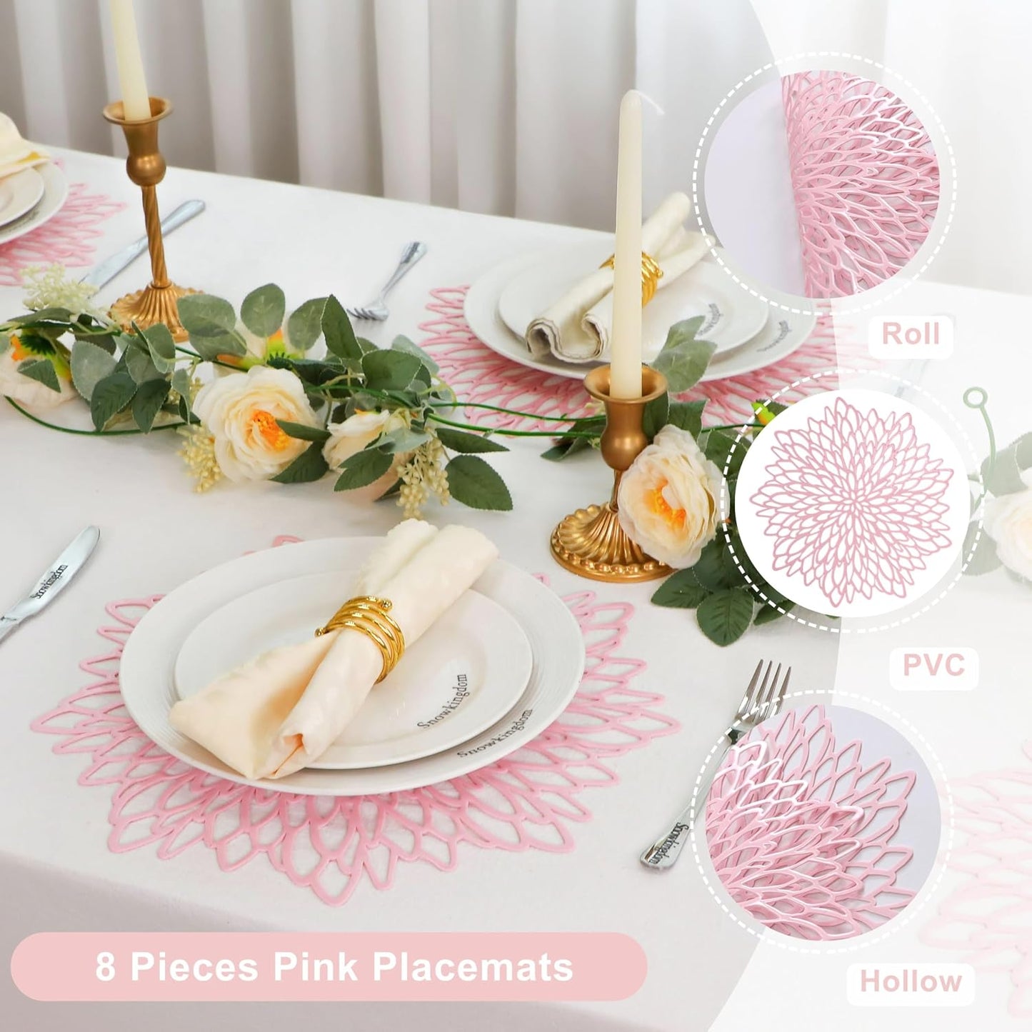 Snowkingdom Pink Placemats Set of 8, Round Vinyl Pink Flower Place Mats 15 Inch Fancy Dinning Floral Table Mats for Wedding Birthday Baby Shower Easter Halloween Christmas Holiday Party Decoration