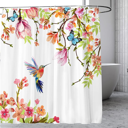 Watercolor Hummingbird Floral Shower Curtain, Spring Summer Shower Curtain Pink Peach Blossom Butterfly Bird Bathroom Curtains Decor, Waterproof Polyester Fabric Bath Curtain Set with Hooks, 72 x 72