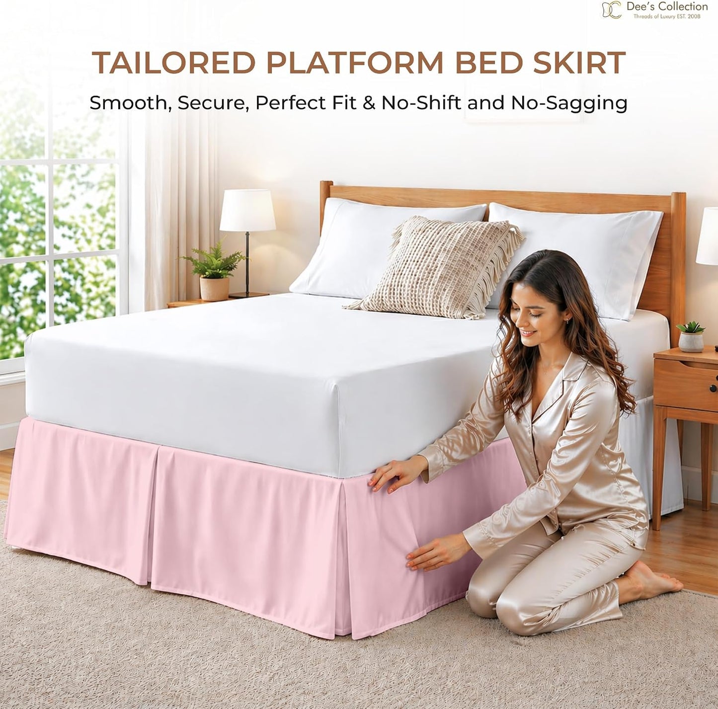 Dee's Collection Full Size Bed Skirt 13" Drop Hotel Quality Pleated Dust Ruffle with Platform Style Secure Fit, Split Corners, Wrinkle & Fade Resistant Microfiber, Tailored Classic Look, Pink