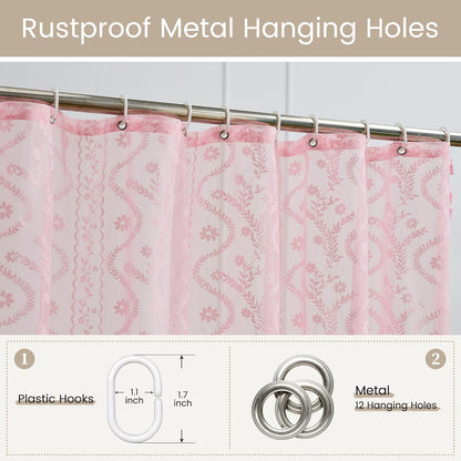 WAZZIO Pink Lace Shower Curtain - Vintage Pretty Pastel Girl Floral Shower Curtain Girly, Cute Coquette Tassel Princess Bath Curtains for Bathroom, 72 x 72 Inch, 1 Panel