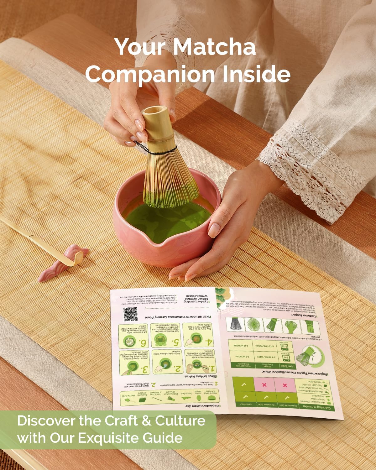 Maestri House Pink Matcha Whisk Set, 7-Pc Complete Matcha Kit with Spouted Ceramic Bowl, Bamboo Whisk and Holder, Scoop, Spoon Rest & Sifter, Tea Cloth – Ideal Gift for Matcha Lovers (Pink)
