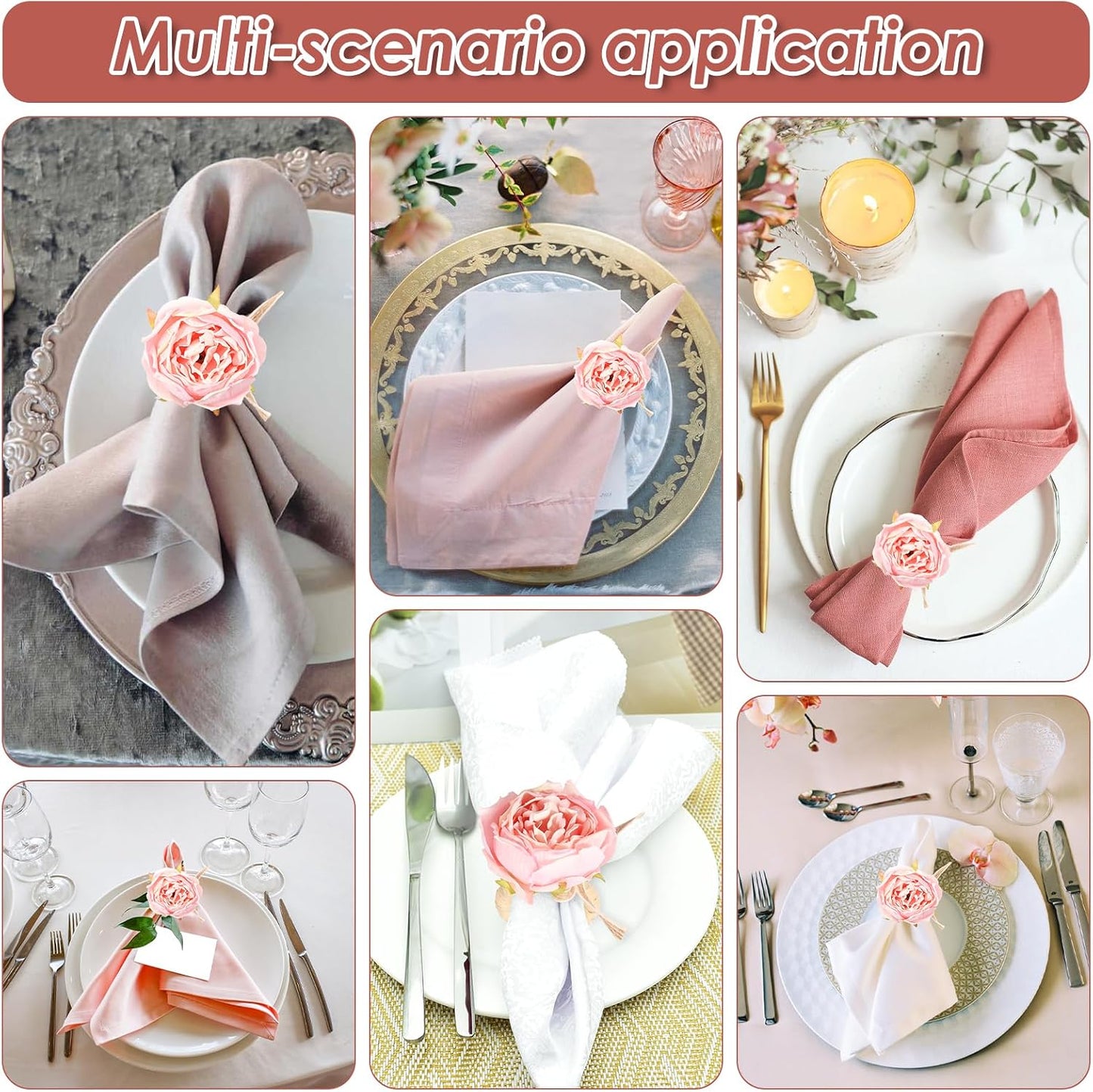 12 Pcs Pink Flower Napkin Rings Handcraft Flower Handmade Napkin Holder Rings Table Decorations, Champagne Rose Napkin Holder for Spring Wedding Banquet Luncheons Birthday Party