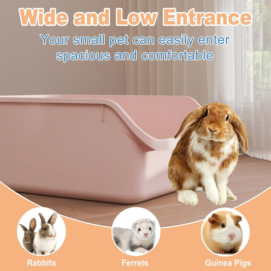 Rabbit Litter Box with Low Entry, High Back Splash Guard for Guinea Pigs, Hamsters, Hedgehogs, Chinchillas & Small Animals, Easy Clean Potty Training Pan for Cage (Pink)