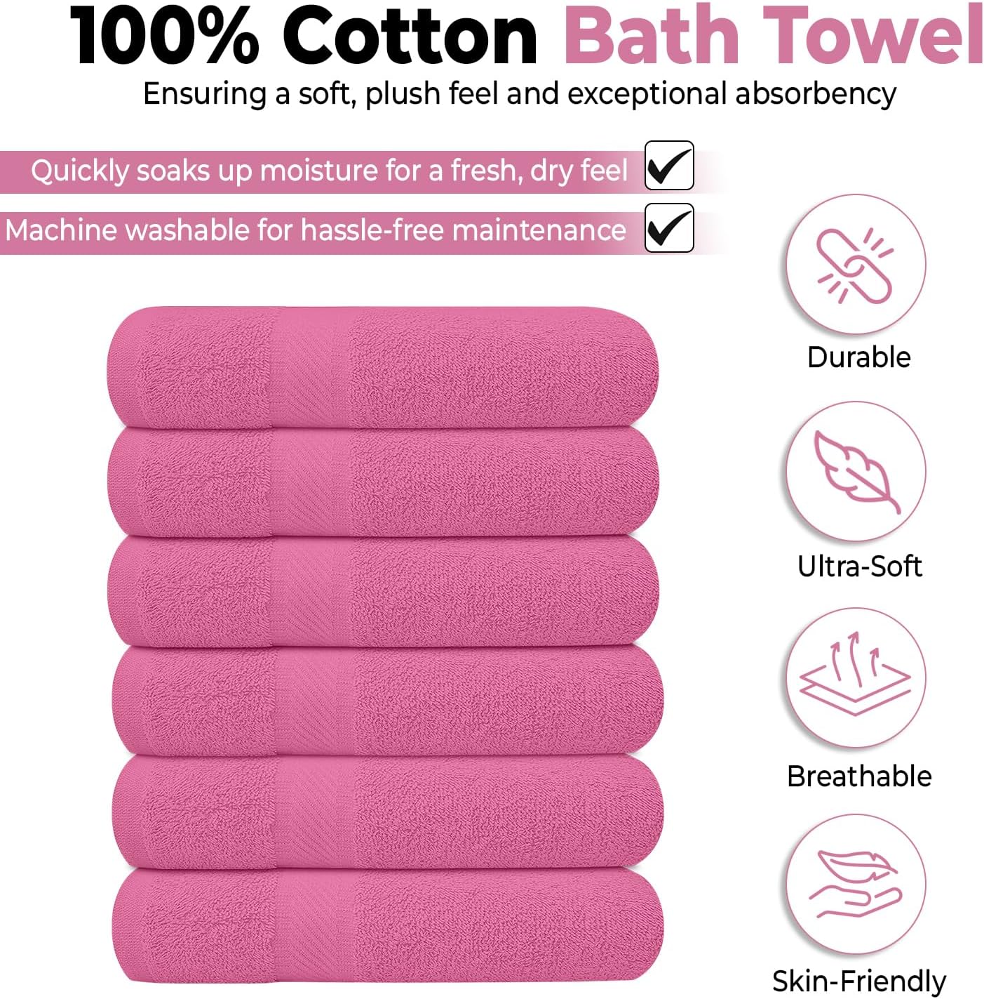 KAHAF COLLECTION 6 Pack Bath Towels Set (27 x 54 Inches) 100% Ring Spun Cotton, Lightweight, Quick Dry, Highly Absorbent Towels (Pink, (27x54) Inches)
