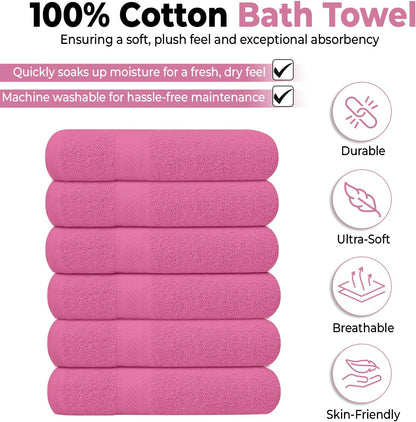 KAHAF COLLECTION 6 Pack Bath Towels Set (27 x 54 Inches) 100% Ring Spun Cotton, Lightweight, Quick Dry, Highly Absorbent Towels (Pink, (27x54) Inches)
