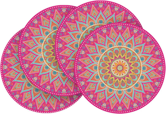 Artoid Mode Pink Mandala Vinyl Plastic Placemats Set of 4, 14 Inch Washable Non-Slip Woven Round Table Mats for Party Kitchen Dining Decor