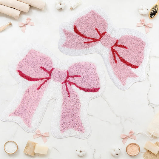 2 Pcs Pink Bow Bathroom Rugs Coquette Rug Cute Non Slip Washable Bath Mats Fluffy Plush Soft Absorbent Shower Rugs Aesthetic Bow Carpet for Bathroom Tub Bedroom Living Room Decor