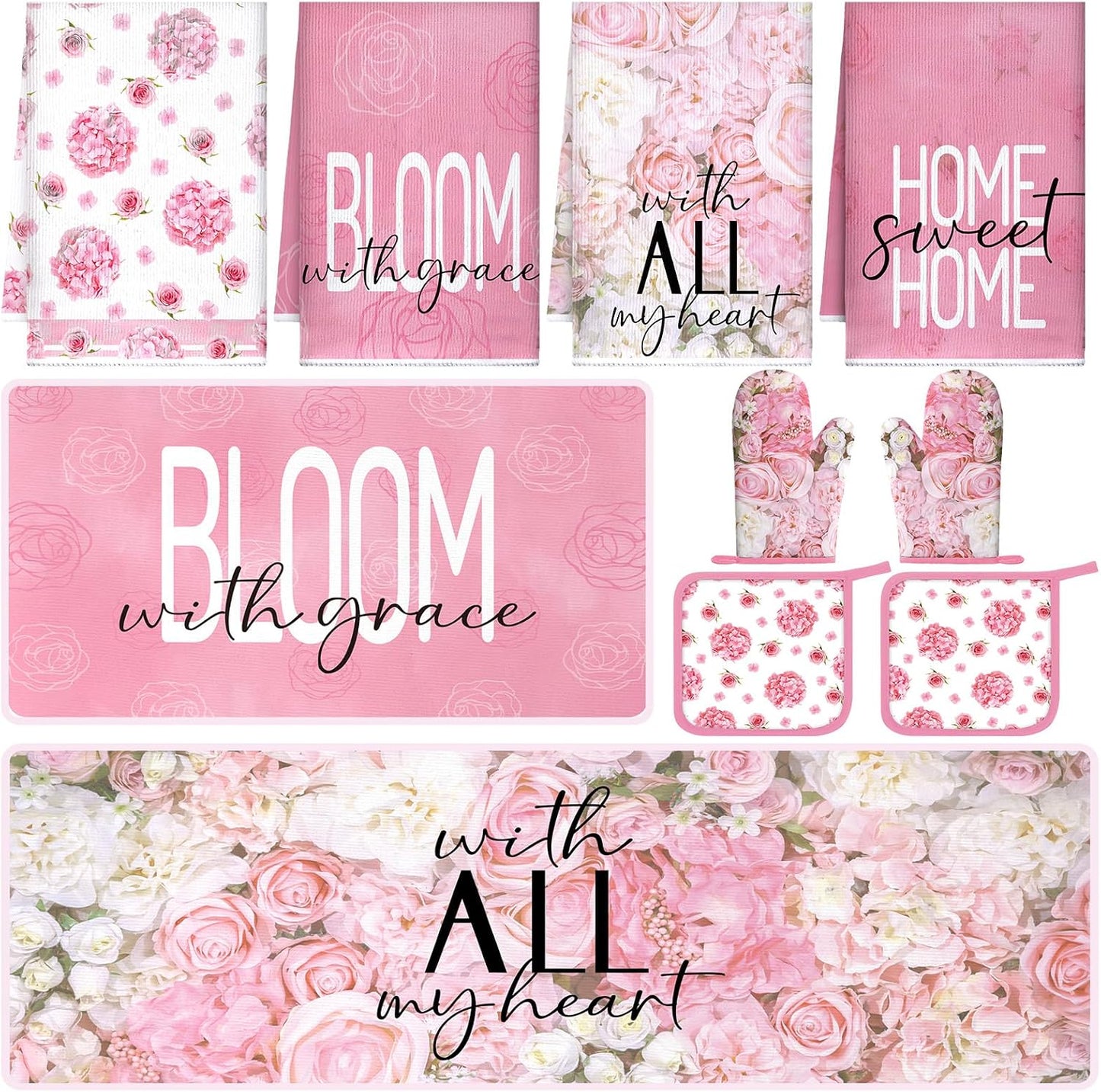 Fourluoo 10 Pcs Pink Floral Kitchen Decor Sets 4 Rose Kitchen Dish Towels 2 Hydrangea Pot Holders 2 Oven Mitts Glove 2 Pink Flowers Rustic Non Slip Rugs and Mats for Floor Home Accessories Mom Gift