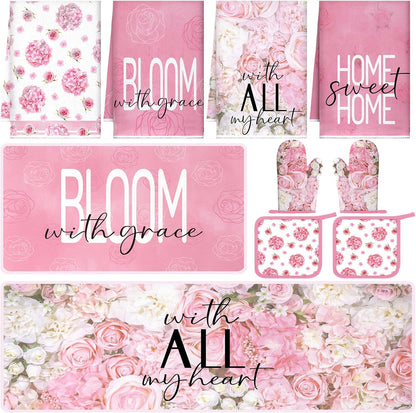Fourluoo 10 Pcs Pink Floral Kitchen Decor Sets 4 Rose Kitchen Dish Towels 2 Hydrangea Pot Holders 2 Oven Mitts Glove 2 Pink Flowers Rustic Non Slip Rugs and Mats for Floor Home Accessories Mom Gift
