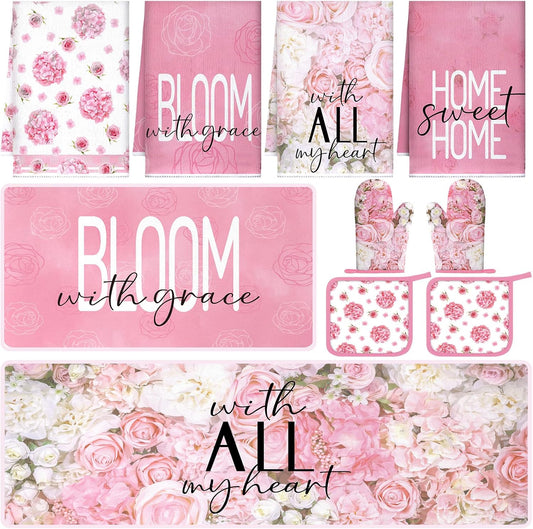 Fourluoo 10 Pcs Pink Floral Kitchen Decor Sets 4 Rose Kitchen Dish Towels 2 Hydrangea Pot Holders 2 Oven Mitts Glove 2 Pink Flowers Rustic Non Slip Rugs and Mats for Floor Home Accessories Mom Gift