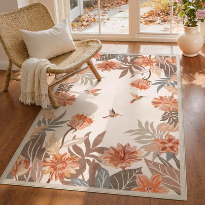 Beeiva Floral 3x5 Area Rug for Entryway - Washable Pink Boho Bedroom Rug, Stain Resistan Border Flower Print Small Throw Rugs Carpet for Living Room Kitchen Home Aesthetic Décor(Beige,3'x 5')