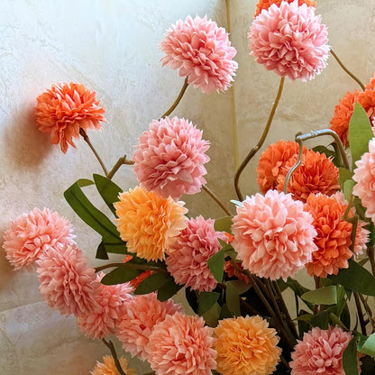 Kinisty 8 Pcs Artificial Flowers Pink Orange Yellow Faux Silk Pompon Mums, 20" Long Stem Fake Chrysanthemum Bouquet for Vase Farmhouse Home Decor, Wedding Centerpiece