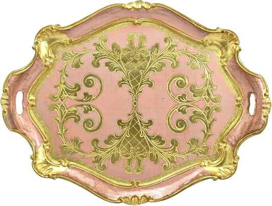 Vintage Florentine Wood Vanity Tray with Handles, Large, 20.3" x 15.3", Vintage Home Decor, Gold Tray, Perfume Platter, Made in Italy (Pink, Large)