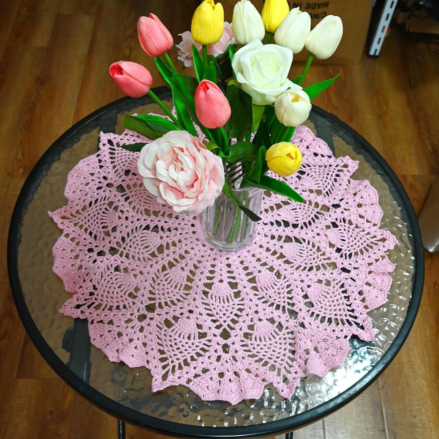 Lace Tablecloth Doily Handmade Crochet Placemat Women Vase Mat Kitchen Table Runner (1PC- 18 in to 20 in, Pink)