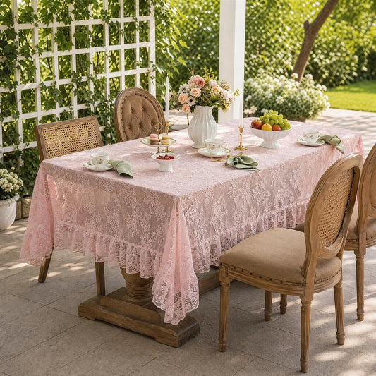French Embroidery Lace Tablecloth, Rectangular for Coffee Tables, Vintage Lace Table Cover for Kitchen, Dining Room, Party, Banquet, Wedding, Picnic, Home Decor, Pink, 56" x 72"