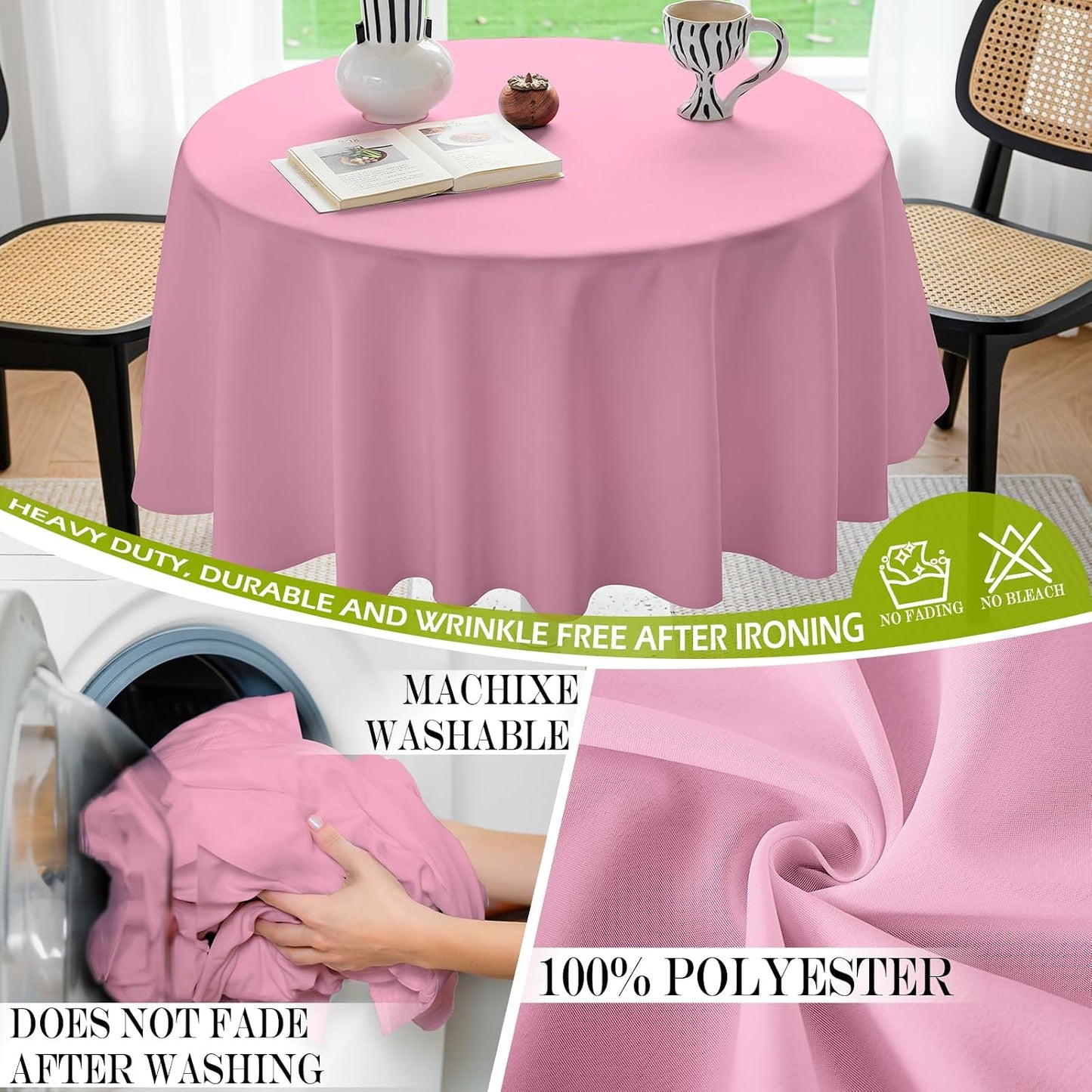 BYDOLL Table Cloth 60 Inch Round Tablecloth Fits Max50 Inch Diameter Table Top,Pink Polyester Washable Wrinkle-Free Spillproof Tablecloth for Party Patio Cover