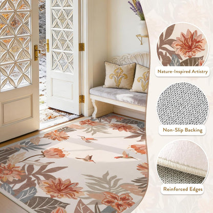 Beeiva Floral 3x5 Area Rug for Entryway - Washable Pink Boho Bedroom Rug, Stain Resistan Border Flower Print Small Throw Rugs Carpet for Living Room Kitchen Home Aesthetic Décor(Beige,3'x 5')