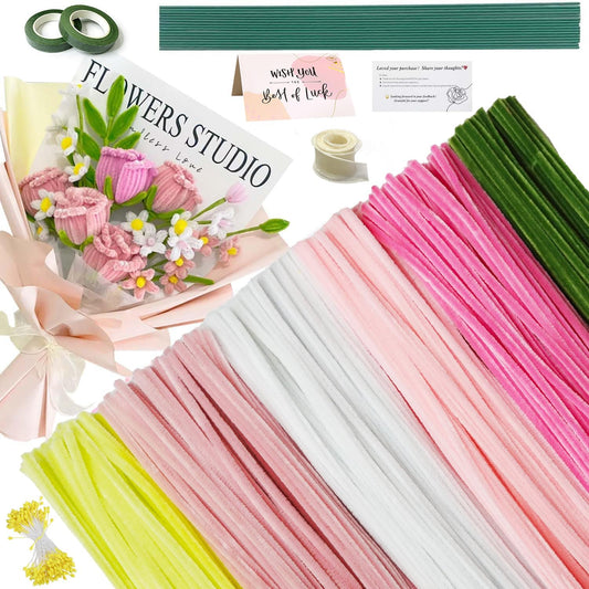 AHAMETON 620Pcs Pink Yellow Pipe Cleaners Complete Craft Kit with Wires, Pom Poms, Stamens and Card, All-in-One DIY Flower Craft Supplies for Creative Wedding Gifts Home Decor, Party & School Crafts