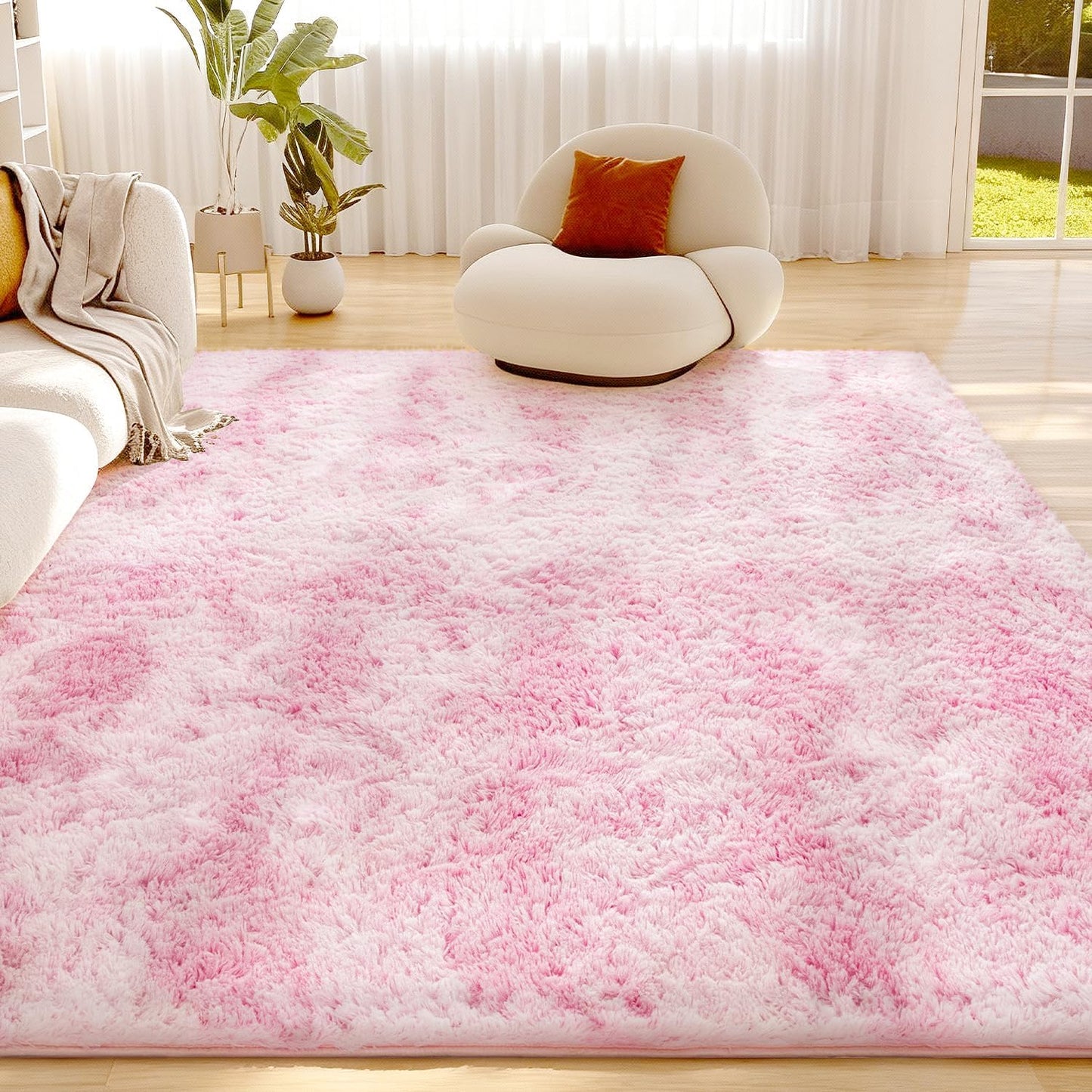 Litanika 5x8 Fluffy Shag Faux Fur Area Rug for Living Room Bedroom, Tie-Dyed Pink High Pile Soft Plush Shaggy Furry Bedside Playroom Dorm Carpet, Non-Slip, Non-Shedding Modern Indoor Floor Rug