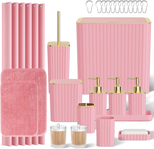 Bathroom Accessory Set - Bathroom Set, 27PC Bathroom Accessories Set, Pink Bathroom Sets with Shower Curtain and Rugs, Mini Trash Can, Toilet Brush, Trash Can & Soap Dispenser