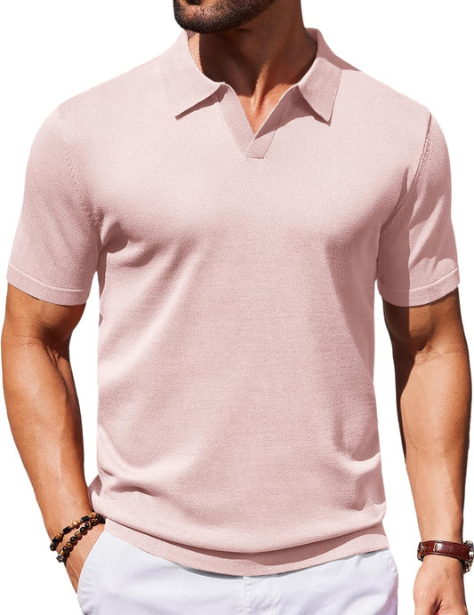 COOFANDY Men's V Neck Short Sleeve Stretch Knit Polo Shirt
