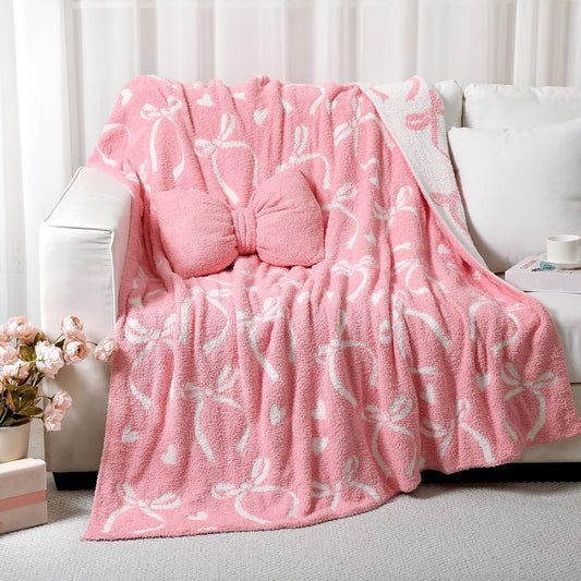 Pink Bow Throw Blanket and Pillow Set Include Coquette Blanket 50 x 60 Inch and Pink Bow Plush Throw Pillows Cushion for Baby Girls Women Gift Couch Sofa Bed Nursery Preppy Room Decorations
