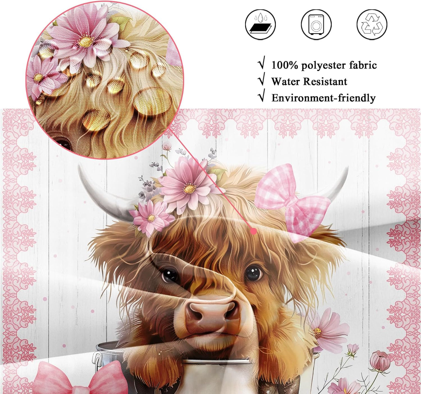 Riyidecor Pink Bow Highland Cow Shower Curtain for Bathroom Decor 72Wx72H Western Funny Cute Country Farmhouse Rustic Girly Girls Art Printed Fabric Polyester Waterproof 12 Pack Plastic Hook