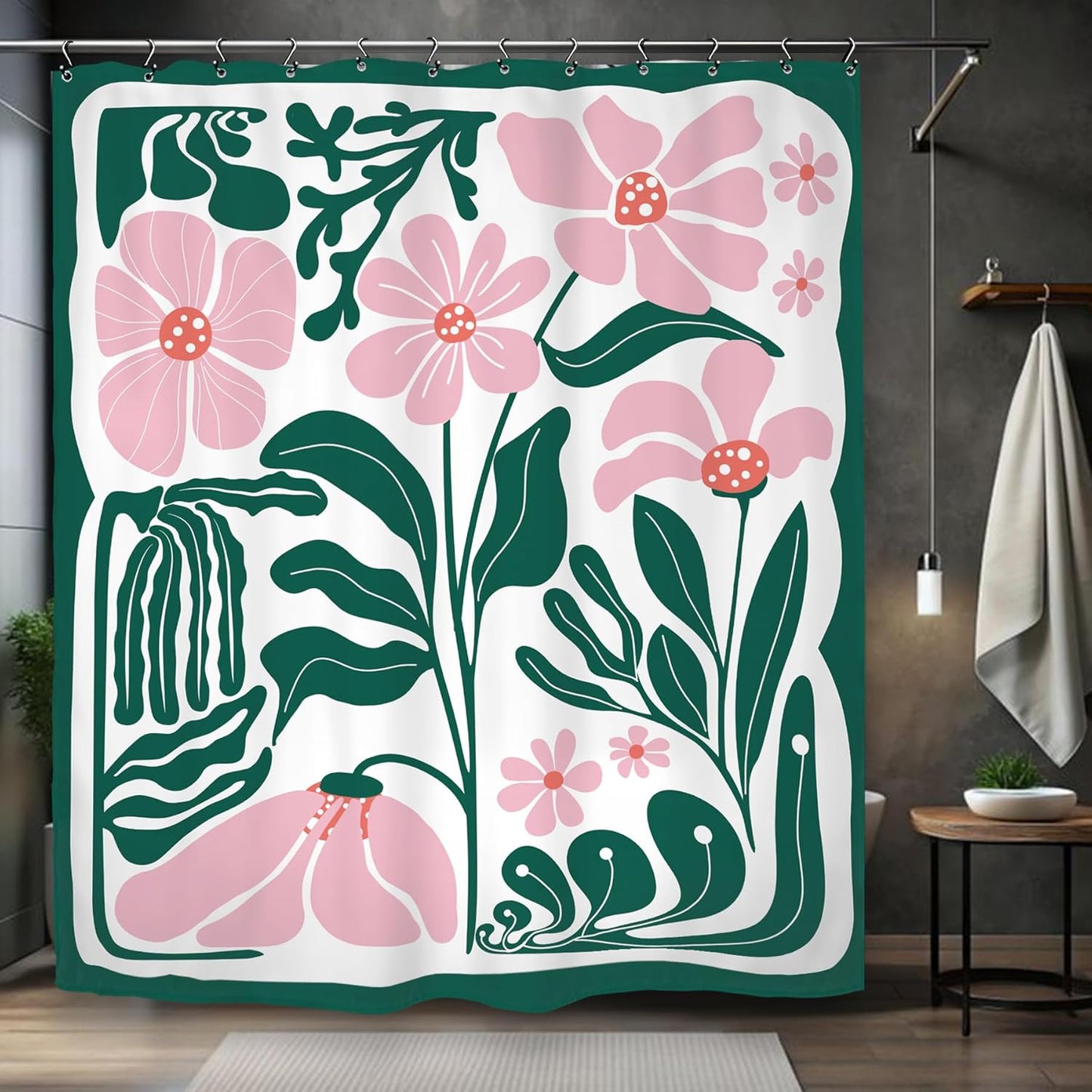 Abstract Flower Matisse Shower Curtain 60Wx72L Inch Pink Green Plant Minimalist Contemporary Retro Art Groovy Modern Bathroom Set Accessories Decor with 12 Pack Hooks