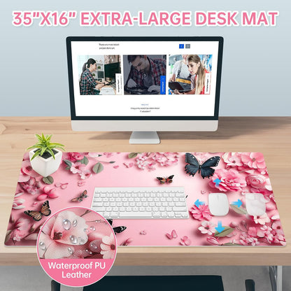 PU Leather Desk Mat Blotter,Cute Pink Desk Mat for Office, Home,School,Keyboard,Mouse,15.7"x31.5" Large Non-Slip Writing Mat with Travel Storage Strap, Waterproof Easy to Clean (Pink Butterfly)