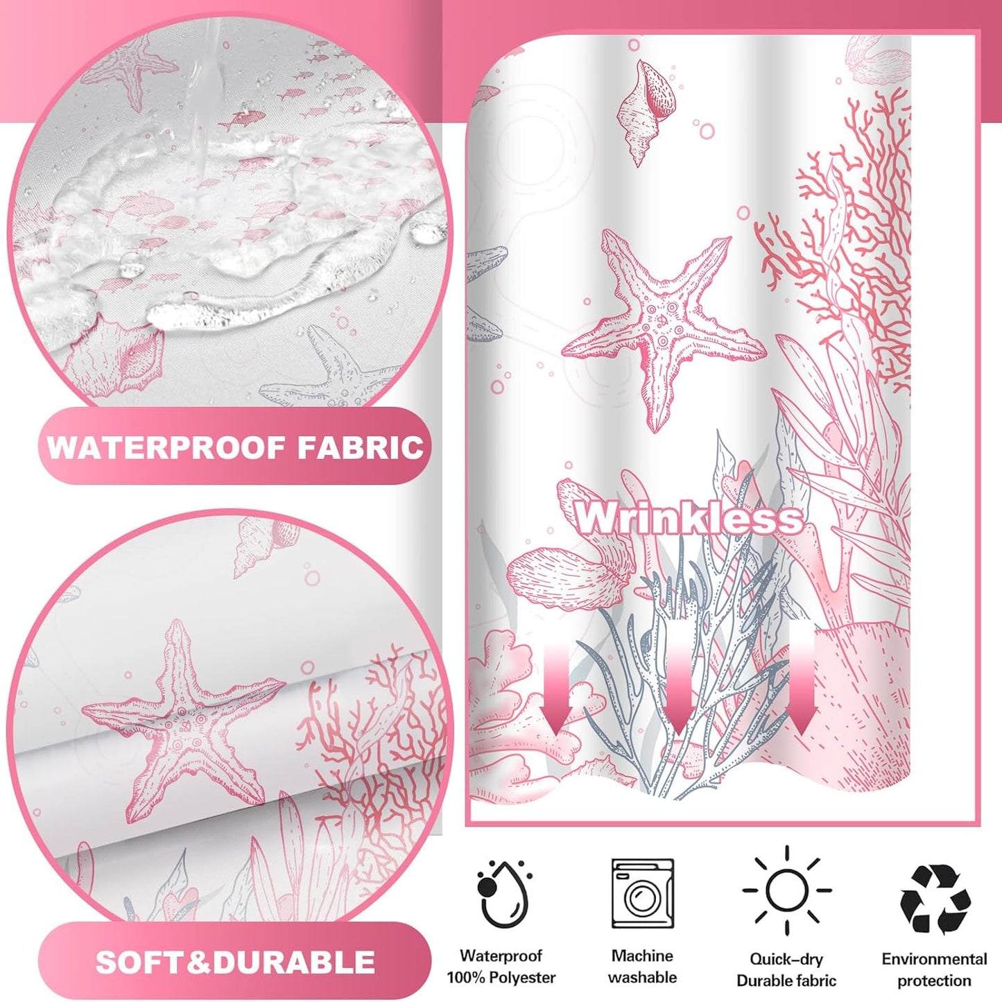 Extra Long No Hook Shower Curtain with Snap in Liner, Beach Ocean Nautical Coastal Shower Curtains and Liner Set for Bathroom, Seashell Fabric Bath Curtain, Waterproof Washable, Pink 71"x84"