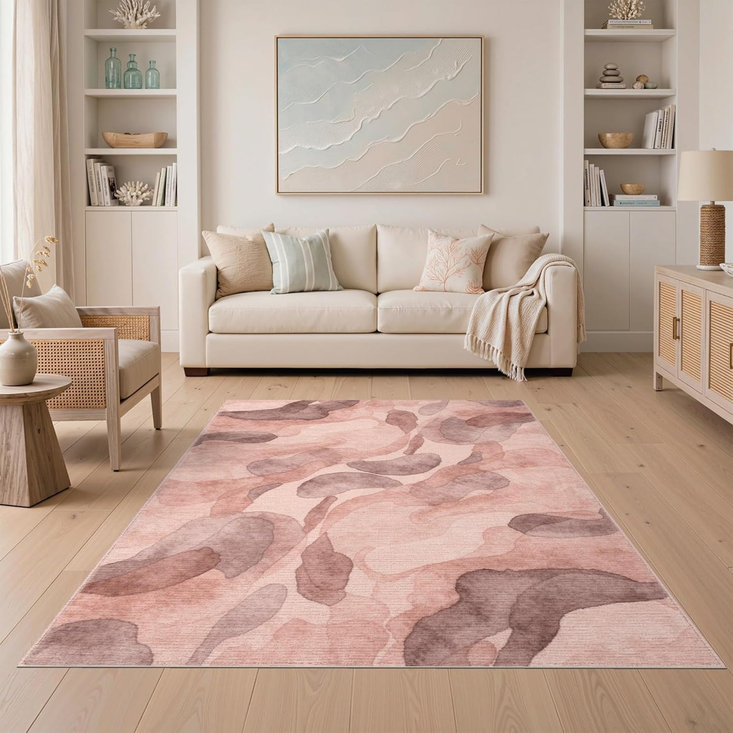 5'x7' Washable Modern Abstract Area Rug, Dusty Rose Flatwoven Floor Covering for Dining Room, Under Table, Home Office, Non-Slip Chair-Friendly Carpet | Ref:2164494