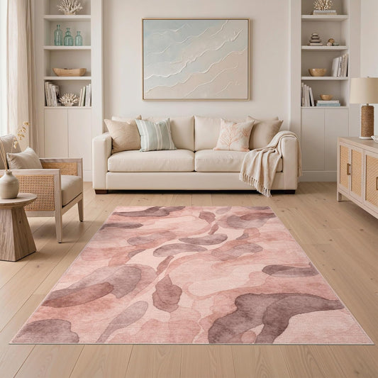 5'x7' Washable Modern Abstract Area Rug, Dusty Rose Flatwoven Floor Covering for Dining Room, Under Table, Home Office, Non-Slip Chair-Friendly Carpet | Ref:2164494